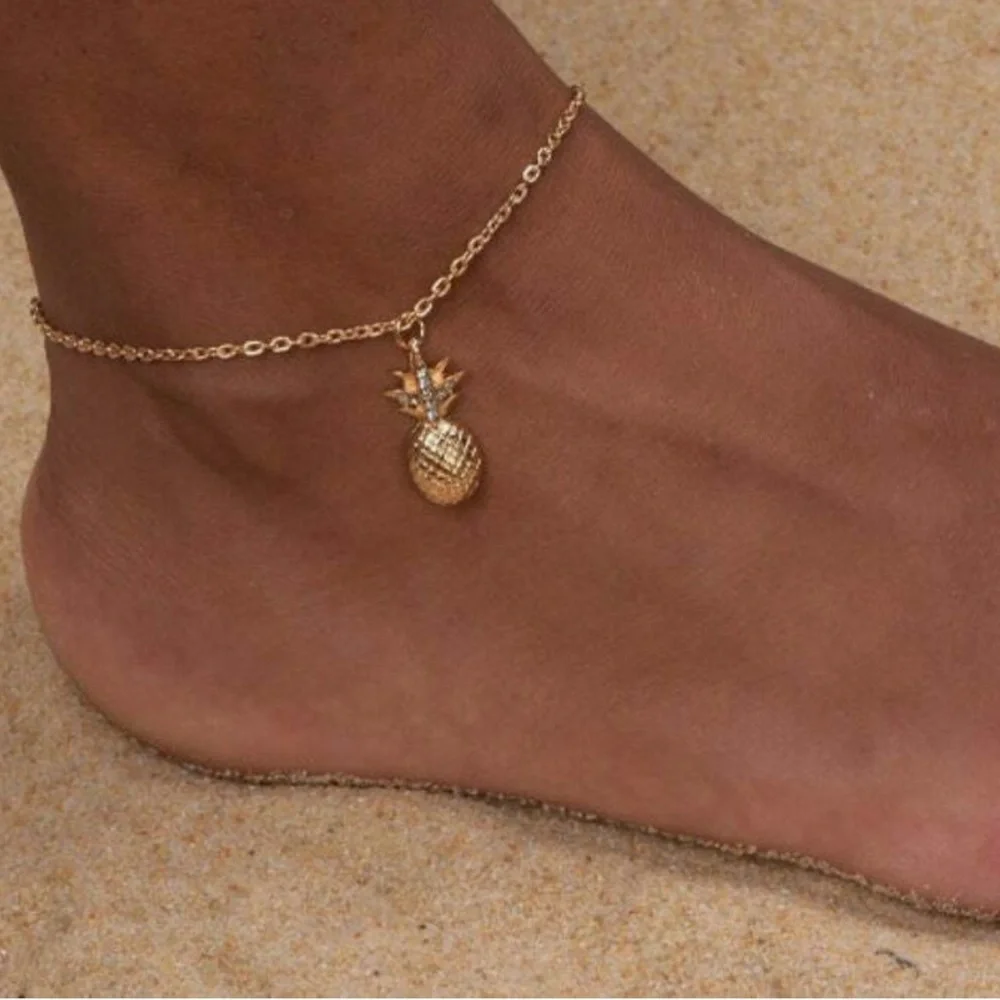 Gold Tone Pineapple Anklet Bracelet – Adjustable Tropical Jewelry